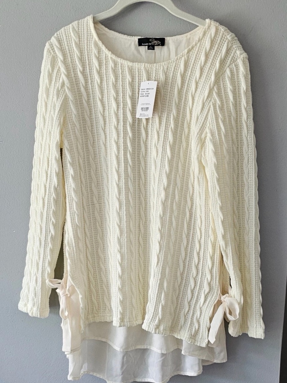 Suzanne Betro Side Tie Cable Knit Tunic Top Sweater Womens Size S Ivory Coastal